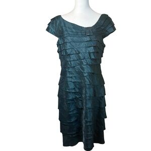 LONDON TIMES Taffeta Green Sheath Dress 14 Ruffle Tiered Party Cocktail Holiday